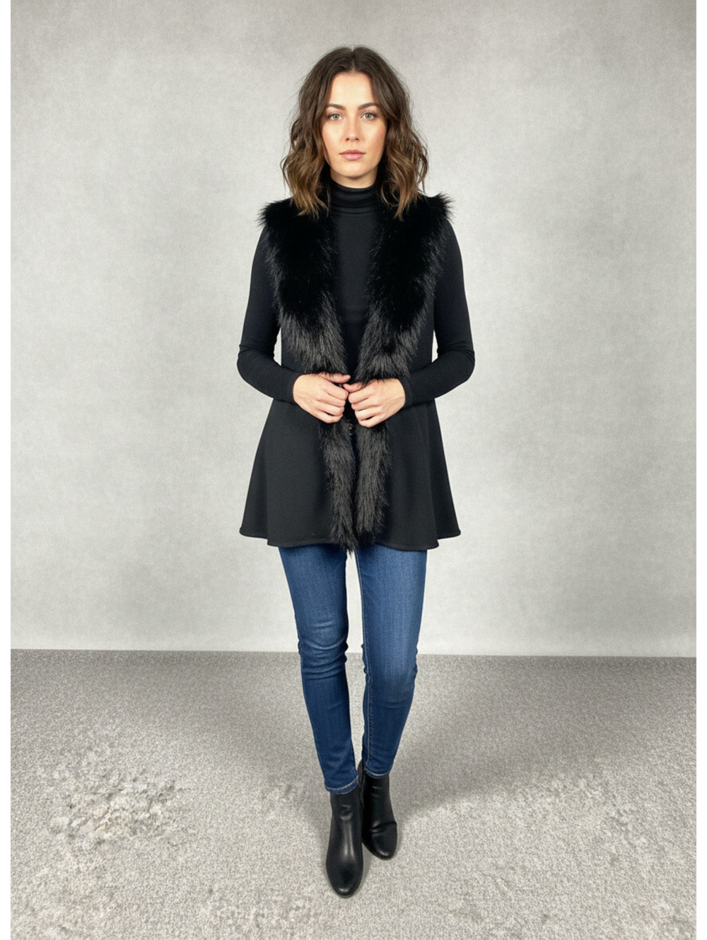 Surell Black Faux Fur Trim Sleeveless Vest